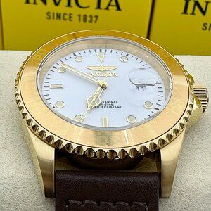 NEW Invicta Pro Diver White Luminous Dial Gold Bezel Leather Strap Watch